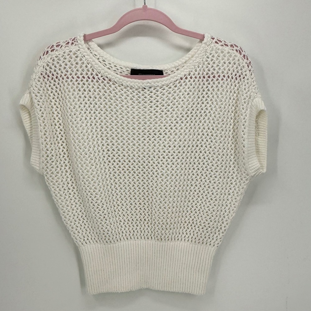 White House Black Market White Open Knit Mesh Braided Trim Sweater Top Small